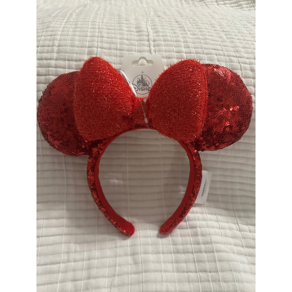 Disney Parks Minnie Mouse Red Sequin Ear Headband with Oversized Fuzzy Bow NWT